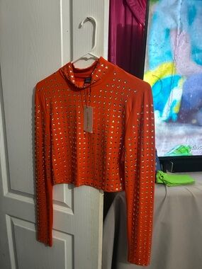 wild fable Orange Studded Mock-Neck Long Sleeve Crop Top
